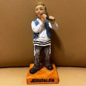 Judaica‎ Figurine 5 Inches Tall, Boy Playing Flute On Stand That Says Jerusalem